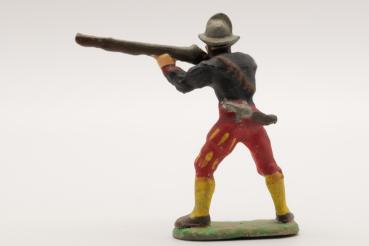 Landsknecht musketeer standing with Spanish helmet